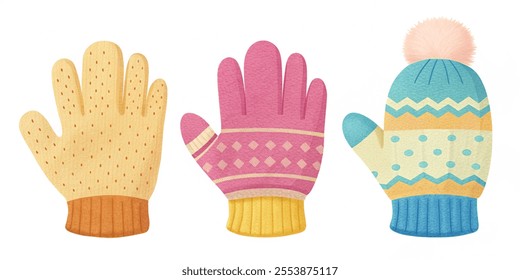 Knitted mittens and gloves set collections. Children and adults winter accessories. Cute cartoon vector illustration. isolated on white background.