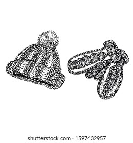 Knitted mittens and hat set in line art style. Winter clothes.