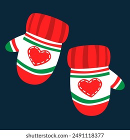 Knitted mittens with hearts in flat style clip art. Isolated vector.