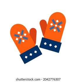 Knitted mittens with Norwegian pattern. Icon of red mittens, symbol of winter, Christmas holidays and the new year. Vector flat vector, cartoon style. 