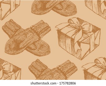 Knitted mittens and present, sketch seamless pattern