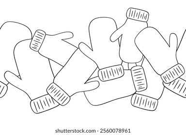 Knitted mittens seamless border.  Graphic line vector pattern for the winter season. Warm accessories for cold weather.
