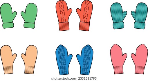 Knitted mittens set flat sketch. Winter knitwear apparel design. Accessories CAD mockup. Fashion technical drawing template. Vector illustration.