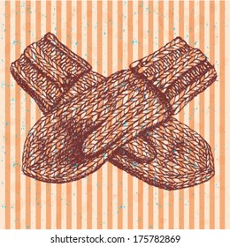 Knitted mittens, sketch vector background