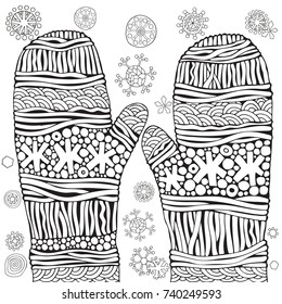 Knitted Mittens With Snowflakes. Christmas Vector.  Pattern For Adult Coloring Book. Black And White. Zentangle. Doodle, New Year, Xmas.