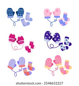 Knitted mittens and socks set in blue, pink, purple color. Colorful vector illustration on white background. Winter accessories for children and adult character. 