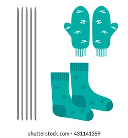 Knitted mittens and socks. Tools of the knitter. Isolated objects on white background.