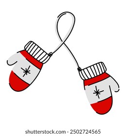 Knitted mittens are knitted with a thread in a flat style. An illustration with a linear outline in red and white. Warm items of clothing for hand heating in the color of the Canadian flag. Canada Day