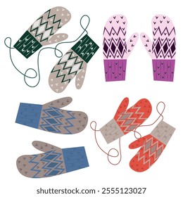 Knitted mittens, a vector set of winter clothes. A warm hand accessory.