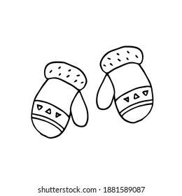 Knitted mittens. Winter clothing, protection from cold and frost. Vector hand drawn doodle illustration. Black and white outline. Coloring.