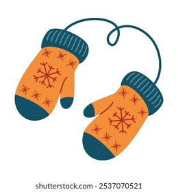 Knitted mittens.Warm knitted mittens.Cute blue gloves with snowflake patterns a for the winter season.Pair of woolen knitted gloves.Vector illustration.Warm accessories for cold weather.