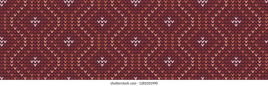 Knitted moroccan trellis motif in orange, mahogany, light red colours. Folk ornamental knitting pattern for jumpers, hats, scarfs, accessories. Allover vector pattern for interior, textile, fabric