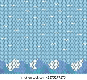 Knitted mountain landscape in snow, seamless winter background.