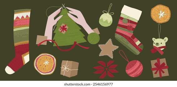 Knitted new year decorations set. Sustainable eco-friendly christmas collection. Alternative eco xmas. Handmade gifts, decor. Plastic free winter holidays. Editable vector illustration