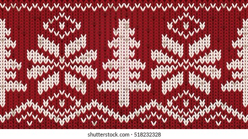 Knitted New Year pattern with xmas tree and snowflakes, vector illustration