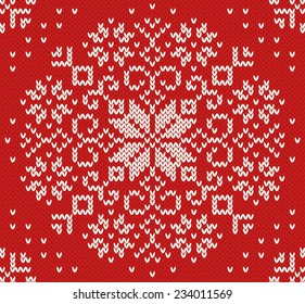 Knitted northern Christmas seamless pattern. New year red and white background decorated snowflakes. Creative vector illustration.
