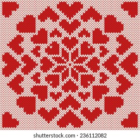 Knitted northern seamless pattern with hearts. New year and Christmas, red and white background decorated hearts. Creative vector illustration.