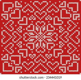 Knitted northern seamless pattern. New year and Christmas, red and white background decorated hearts. Creative vector illustration.