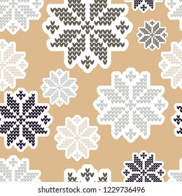 Knitted Norwegian snowflakes. Seamless vector background. Folk motives. Winter pattern. Can be used for wallpaper, textile, invitation card, wrapping, web page background.