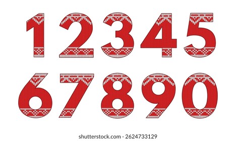 Knitted numbers from zero to nine. Traditional knitted sweater pattern. Decor elements for Christmas, New Year or winter design. Vector illustration. EPS 10.