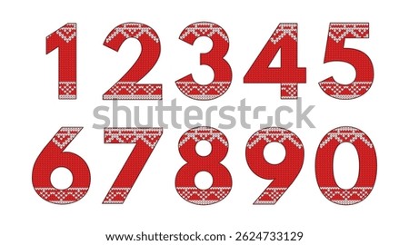 Knitted numbers from zero to nine. Traditional knitted sweater pattern. Decor elements for Christmas, New Year or winter design. Vector illustration. EPS 10.