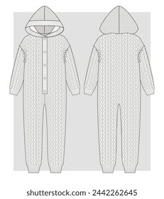 Knitted onesie with braids and hoodie technical sketch. Vector illustration.