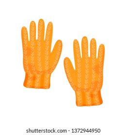 Guantes anaranjados de punto sobre fondo blanco. Ilustración vectorial.