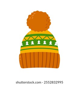 Chapéu de inverno e outono laranja tricotado com um padrão. Ilustração vetorial em estilo plano