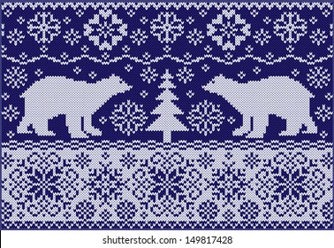 Knitted ornament with bears. Fashionable northern pattern. Knitted style. Creative illustration with winter bears.