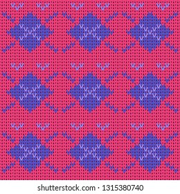 Knitted ornament, blue rhombuses on a pink background, knit texture imitation.