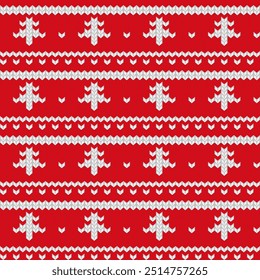 Knitted ornament Christmas ugly sweater seamless pattern design for unisex wear, cards, party posters, banners. Vector illustration EPS10. Red and white colors.