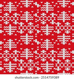 Knitted ornament Christmas ugly sweater seamless pattern design for unisex wear, cards, party posters, banners. Vector illustration EPS10. Red and white colors.