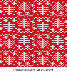 Knitted ornament Christmas ugly sweater seamless pattern design for unisex wear, cards, party posters, banners. Vector illustration EPS10. Red and white colors.