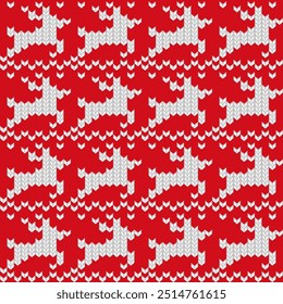 Knitted ornament Christmas ugly sweater seamless pattern design for unisex wear, cards, party posters, banners. Vector illustration EPS10. Red and white colors.