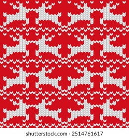 Knitted ornament Christmas ugly sweater seamless pattern design for unisex wear, cards, party posters, banners. Vector illustration EPS10. Red and white colors.