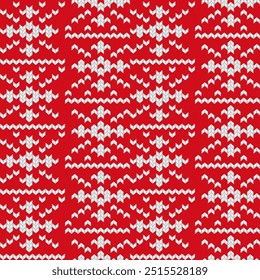 Knitted ornament Christmas ugly sweater seamless pattern design for unisex wear, cards, party posters, banners. Vector illustration EPS10. Red and white colors.