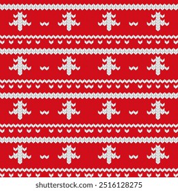 Knitted ornament Christmas ugly sweater seamless pattern design for unisex wear, cards, party posters, banners. Vector illustration EPS10. Red and white colors.