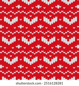 Knitted ornament Christmas ugly sweater seamless pattern design for unisex wear, cards, party posters, banners. Vector illustration EPS10. Red and white colors.