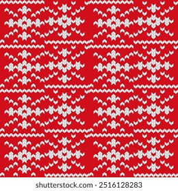 Knitted ornament Christmas ugly sweater seamless pattern design for unisex wear, cards, party posters, banners. Vector illustration EPS10. Red and white colors.