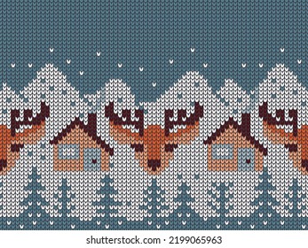 Knitted ornament with deer head, houses, trees and snowy mountains.Vector seamless pattern in blue, white, beige and orange colors.Norway knitwear sweater design for printing on fabric and paper.