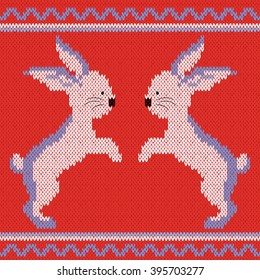Knitted Ornamental vector pattern with white and blue two rabbits on the bright red background