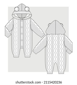 NEWBORN’s Knitted overall with braids and hoodie. Technical sketches for babys.