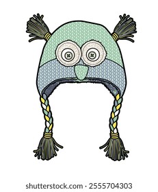 Knitted owl hats flat drawing vector design mockup template.