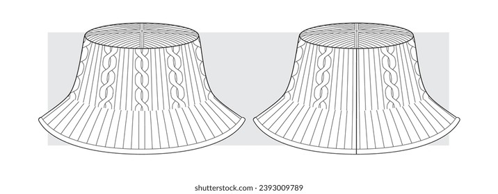 Knitted panama hat with braids technical sketch. Vector illustration.