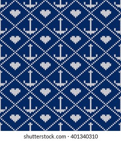 Knitted pattern an anchor and heart on a blue background. Concept of love to sea subject. Handwork ornament. Seamless pattern. Vector illustration.