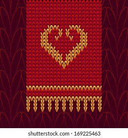 Knitted Pattern Background, Color Wool Vector Heart. Valentine's Day Greeting Card.
