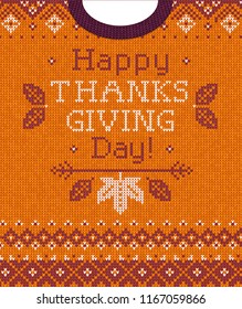 Knitted pattern background Happy Thanksgiving Day family party invite. Vector illustration Handmade knitting scandinavian ornament witn autumn fall maple leaves. White, purple, orange colors