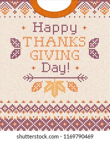 Knitted pattern background Happy Thanksgiving Day family party invite. Vector illustration Handmade knitting scandinavian ornament witn autumn fall maple leaves. White, purple, orange colors