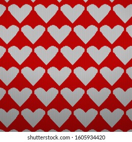 Knitted pattern background with hearts. Vector illustration.