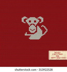 Knitted pattern card with funny monkey. Chinese zodiac symbol of New Year 2016.